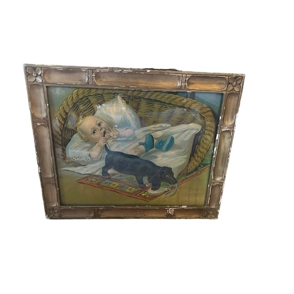 Framed lithograph 1911 baby and dog An Even Exchange - Picture 3 of 12